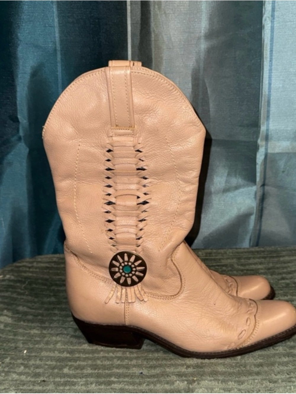 ACME Cream Leather Western Mid-Calf Boots with Turquoise Accent